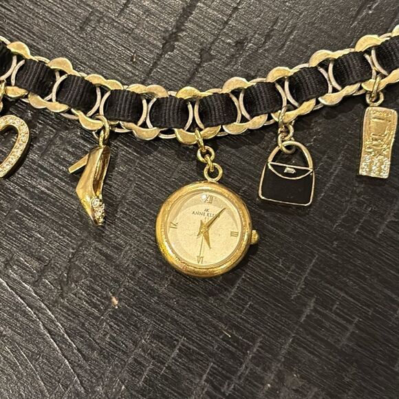 Anne Klein Charm Watch Bracelet Heart Black Ribbon Logo Bag Shoe Cell Gold​ - Picture 3 of 9
